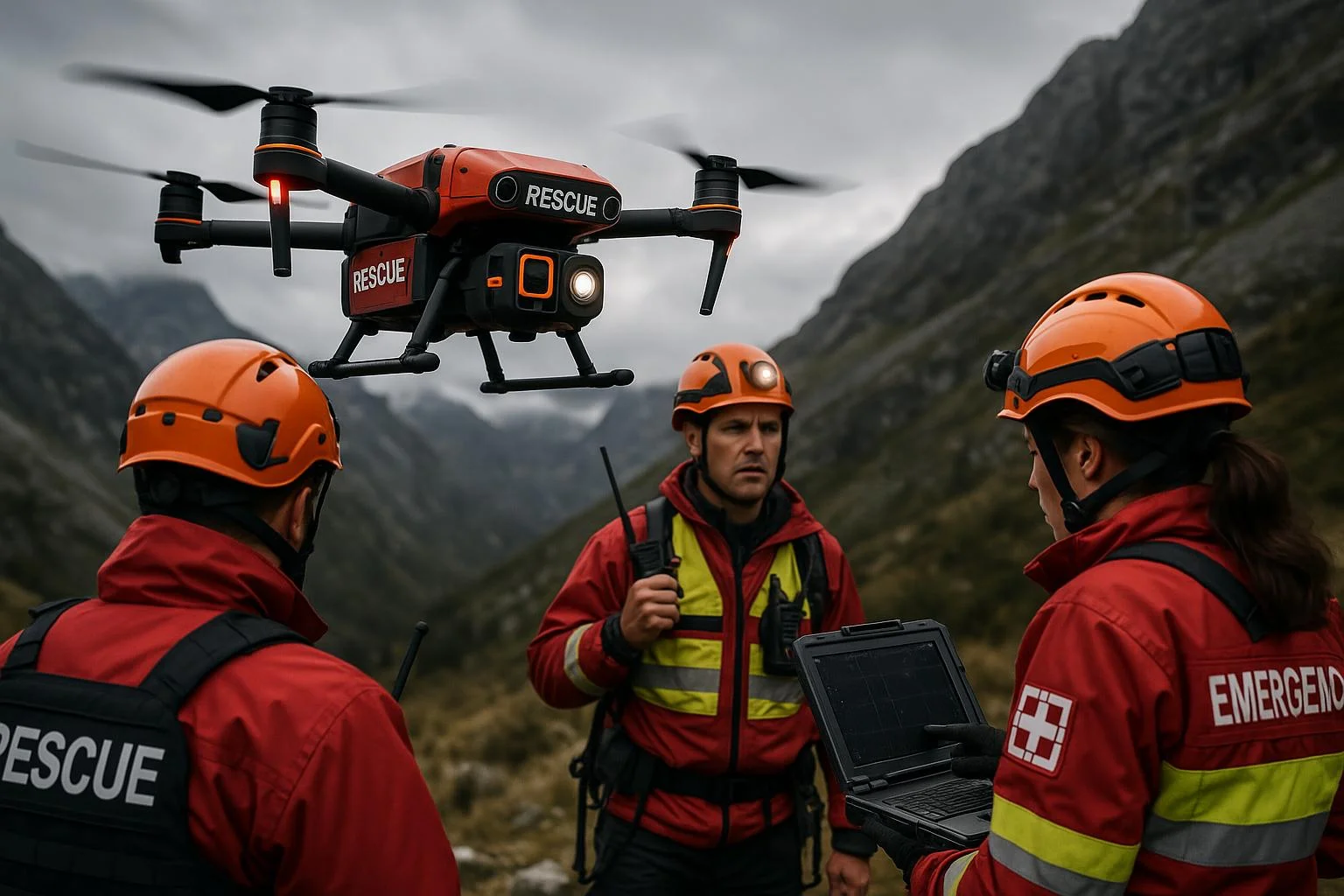 Dron de Alcoydrones sobrevolando una zona de búsqueda en una operación de rescate