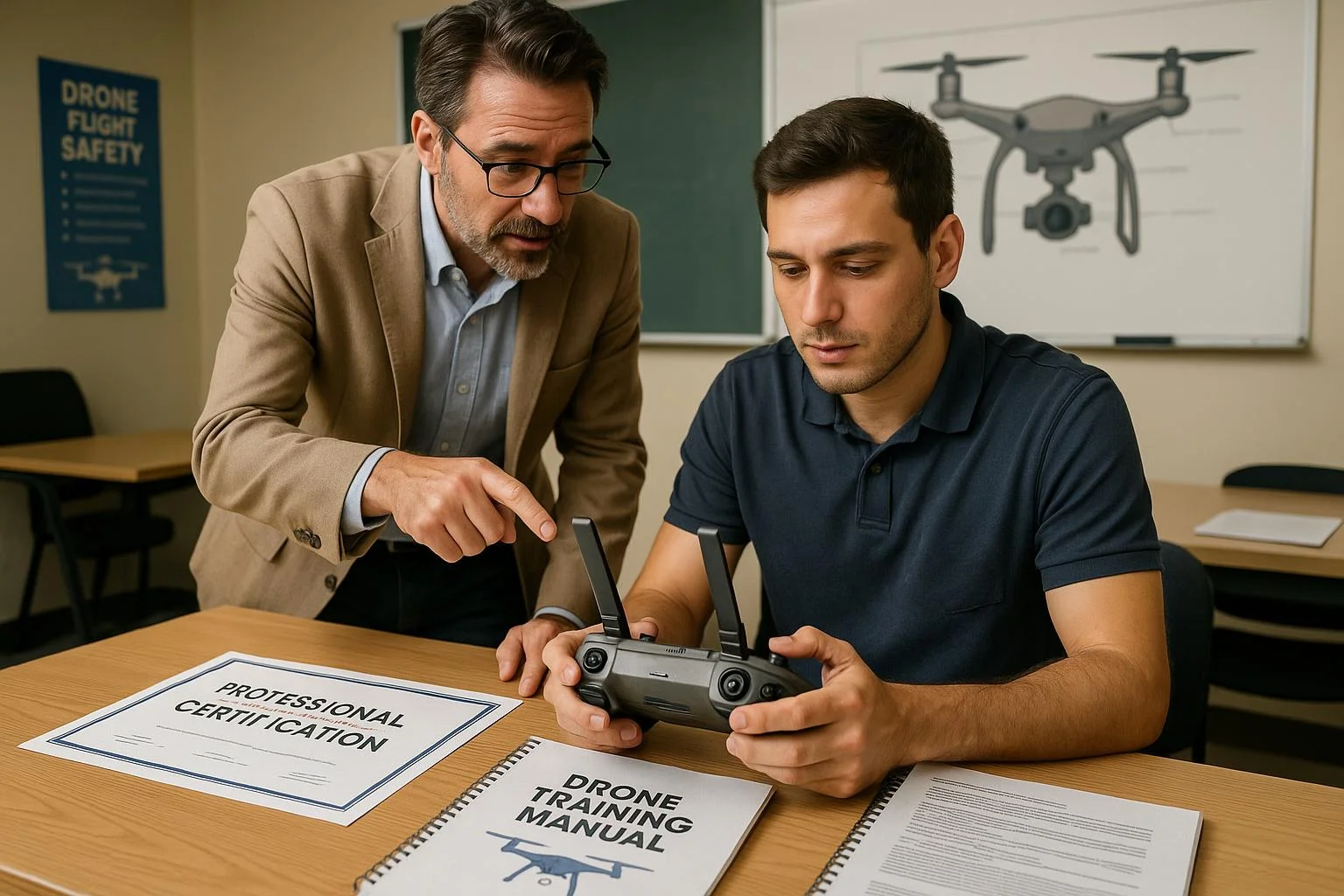 Estudiante de piloto de drones practicando maniobras con un instructor en un campo de vuelo